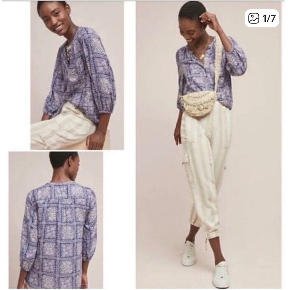 Anthropologie Akemi + Kin Purple Medallion Tile Print‎ 3/4 Sleeve Blouse XS